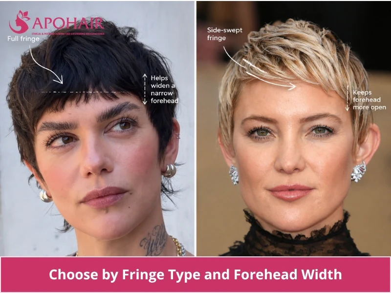 Choosing a pixie cut by fringe type and forehead width for a diamond face shape, featuring Kate Hudson