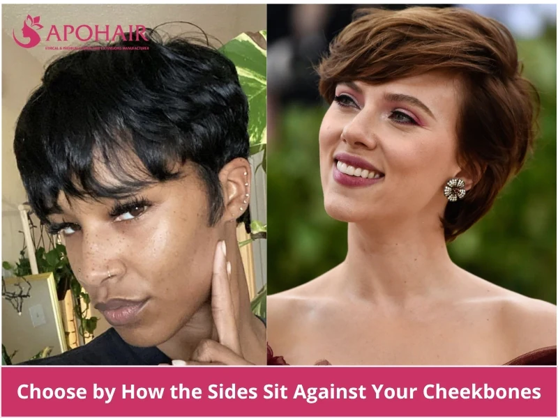 Choosing a pixie cut by how the sides sit against cheekbones for a diamond face shape, featuring Scarlett Johansson