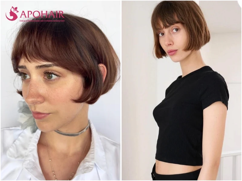 Classic French bob with a dense fringe grazing the eyebrows