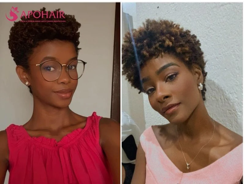 Coily tapered pixie with coils fullest over the forehead