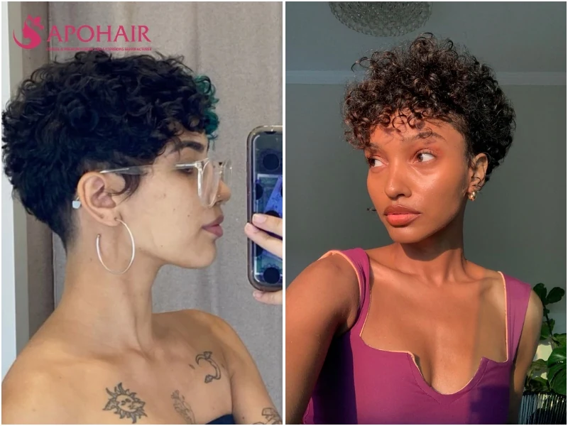 Coily tapered pixie with a rounded fringe for a diamond face shape