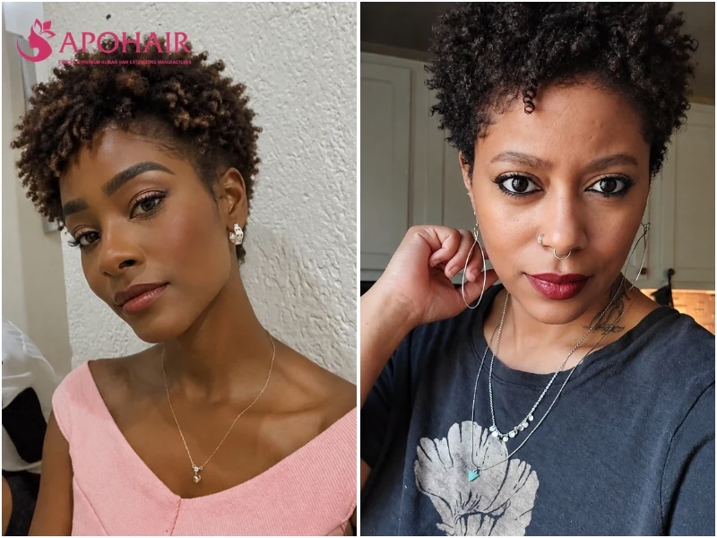 Coily tapered pixie with fullness kept around the temples