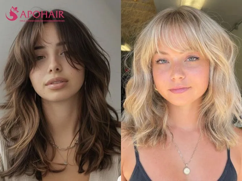 Collarbone shag with crown layers and angled curtain bangs