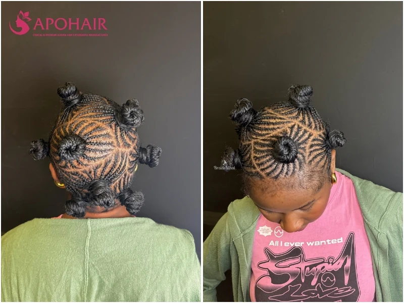 Cornrow Bantu knots with rows fanning out and finishing in small knots