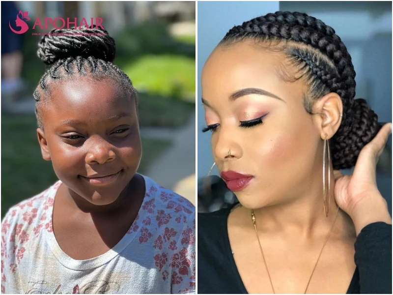 Cornrow bun with braids coiled into a knot at the crown