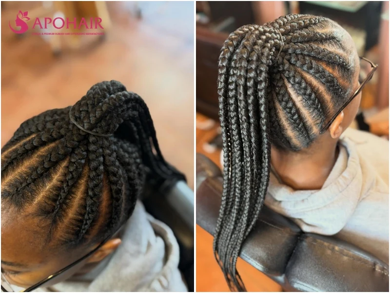 Cornrow ponytail with every row braided up into a high tail