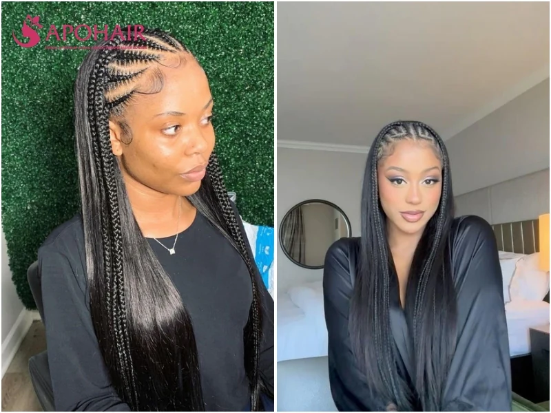 Cornrow sew-in base with sleek straight weft sewn onto the rows