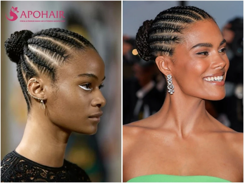 Tina Kunakey wearing a cornrow updo with curved rows swept into a sculpted crown