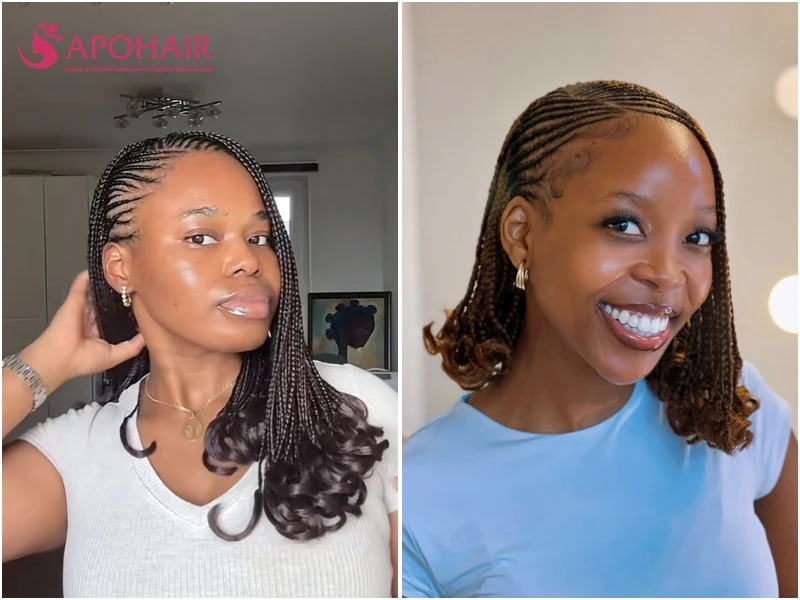 Cornrows finishing in loose curly ends at bob length