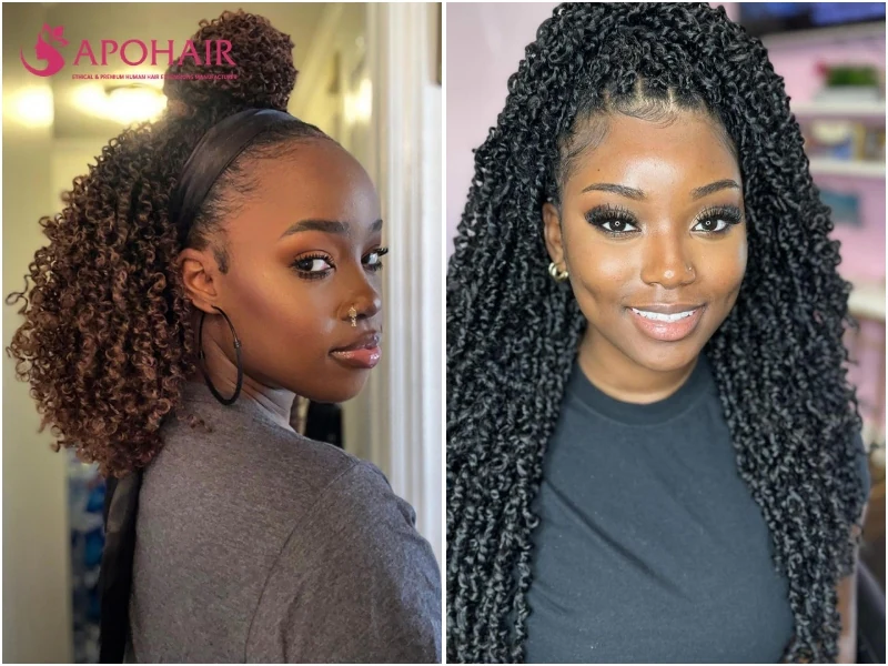 Crochet twists with pre-twisted curly hair looped onto a cornrow base