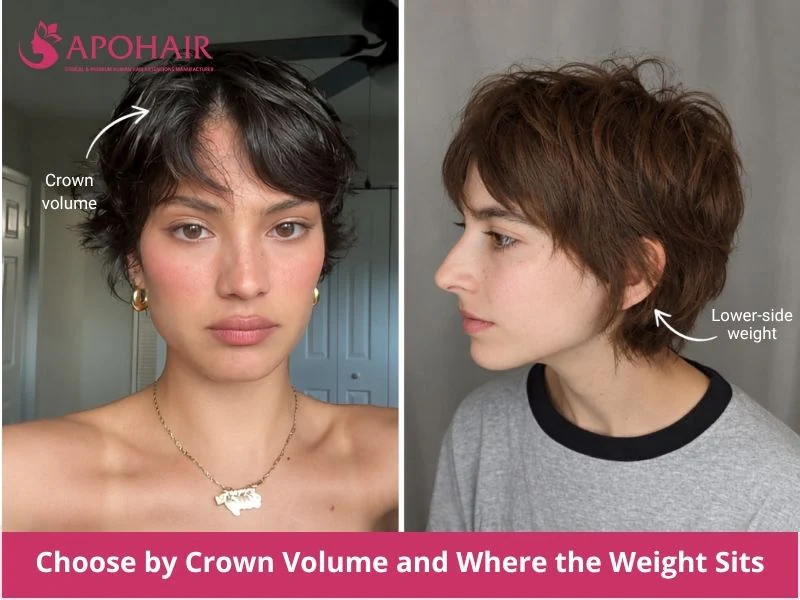 Diagram comparing crown volume and lower-side weight placement on a pixie