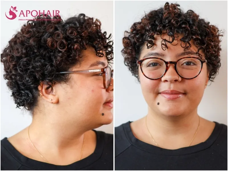 Curly pixie with close sides and natural crown height
