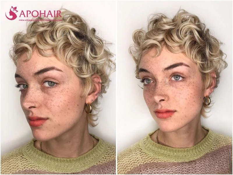 Curly pixie with natural curls kept longest at the front and sides