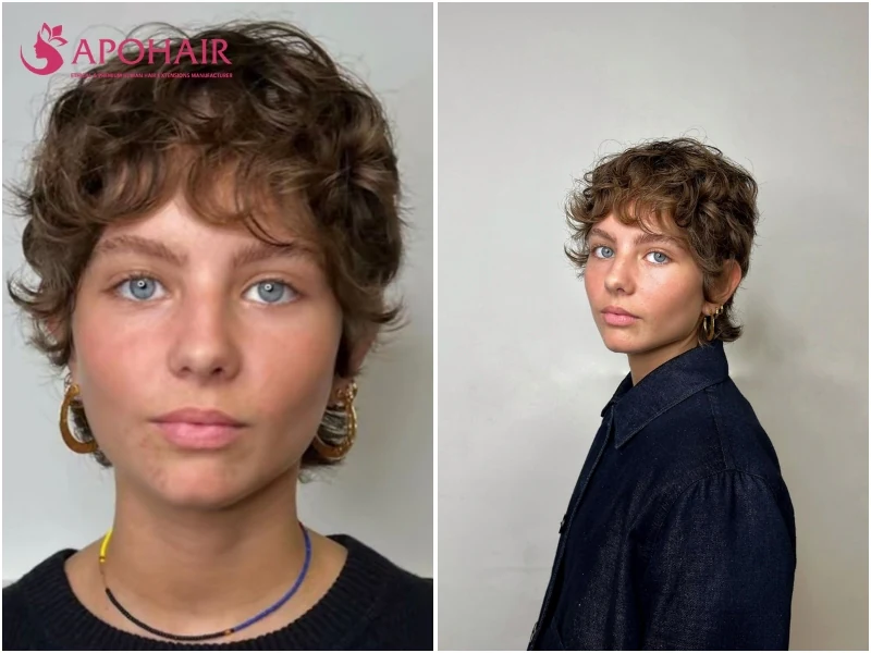 Curly pixie with forehead volume for a diamond face shape