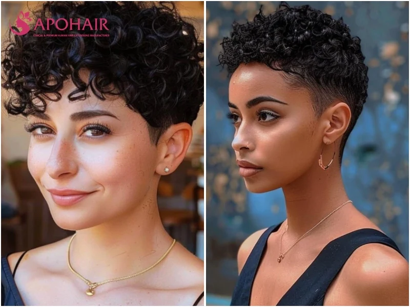 Curly pixie with the natural curl pattern building volume evenly