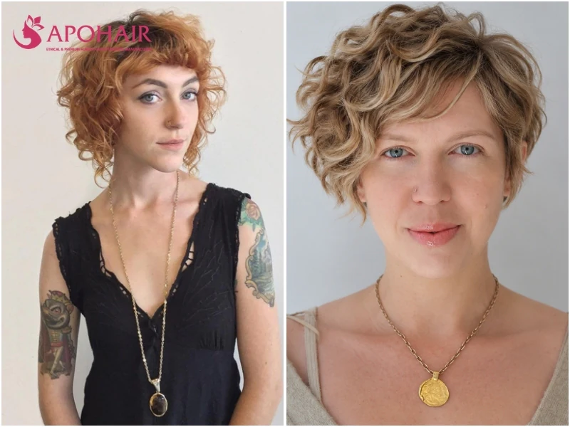 Curly pixie with natural curls expanding outward at the sides