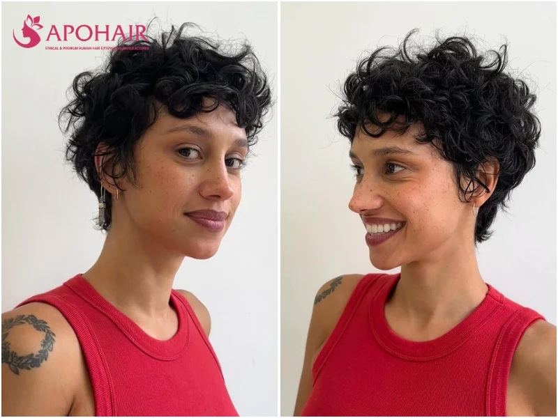 Curly textured pixie with height built at the crown, before and after