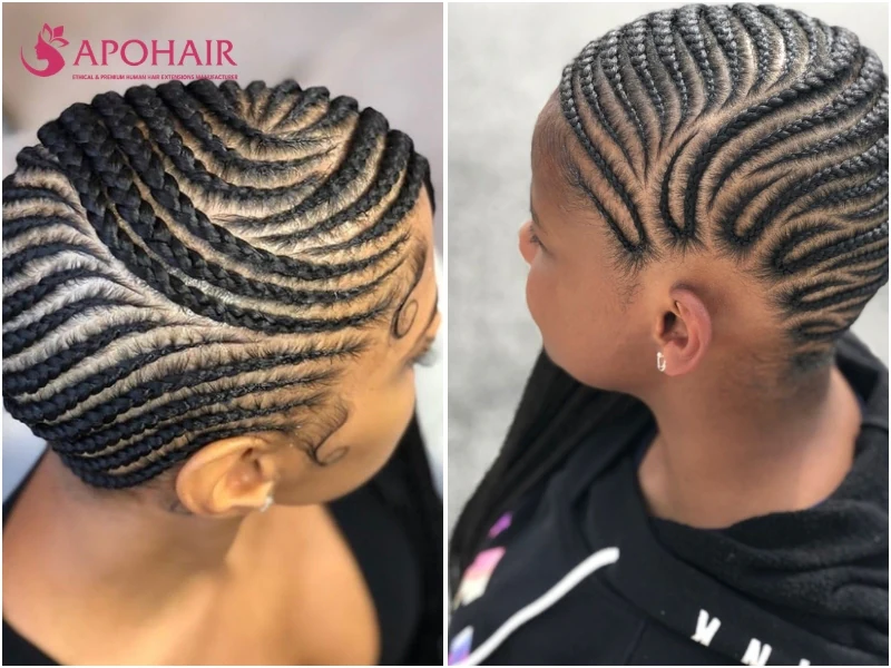 Curved cornrows sweeping in soft diagonal arcs around the head