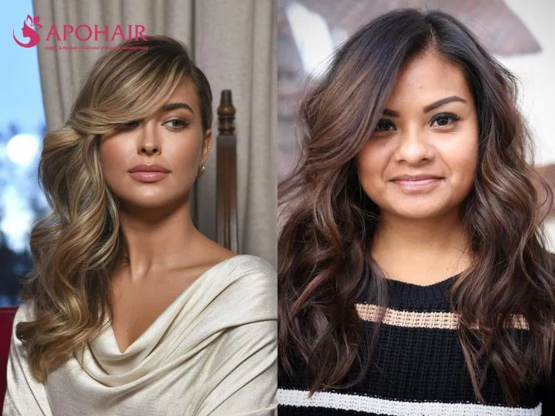 Long straight hair styled with a deep side part and lifted roots