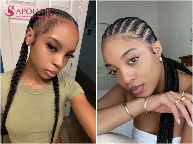 Feed-in cornrows thickening gradually down each row with a flat, natural root