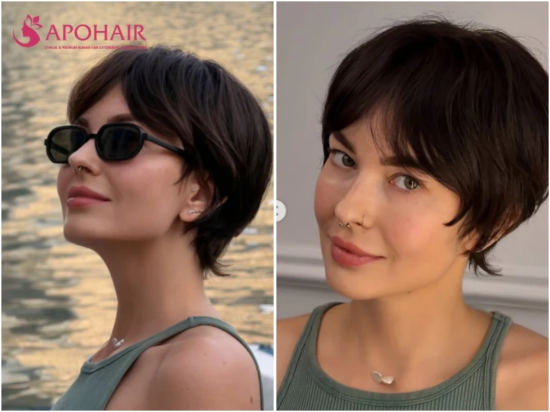 Feminine soft pixie with wispy edges and longer sideburn pieces