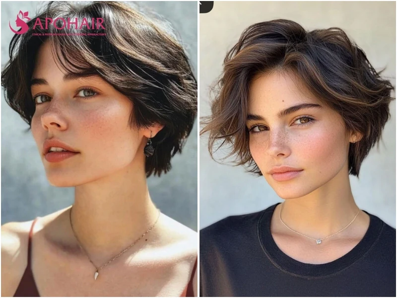 Feminine soft pixie with fine wisps at the sideburns and fringe, two angles
