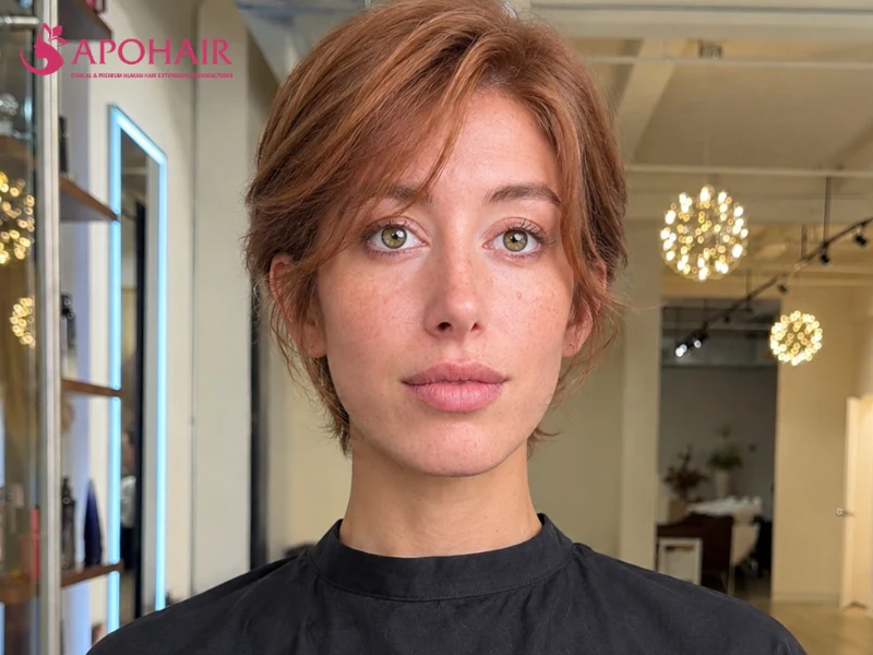 Flat-top long pixie with soft wisps flicking outward around the ears
