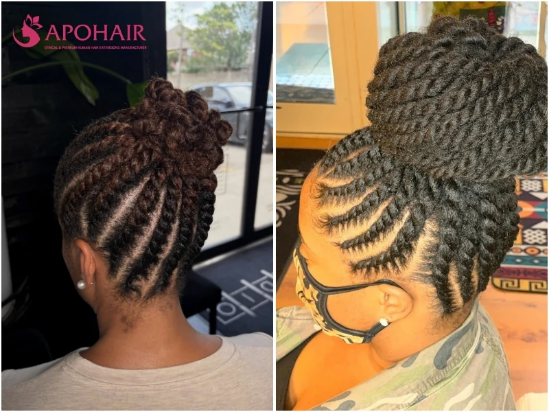 Flat-twist updo sweeping every row up into a bun at the crown