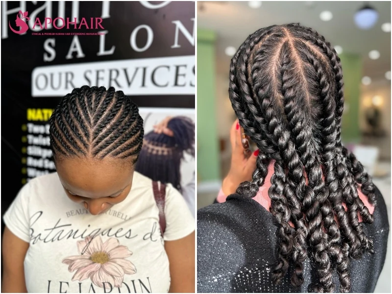 Flat twists lying against the scalp in a herringbone pattern