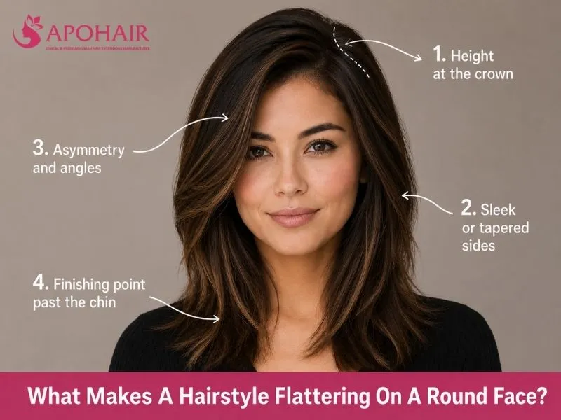 Diagram showing crown height, tapered sides, diagonal lines, and below-chin length on a round face