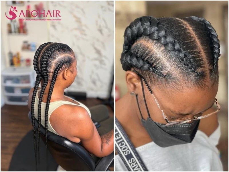Four cornrow braids parted into wide, bold rows past the shoulders