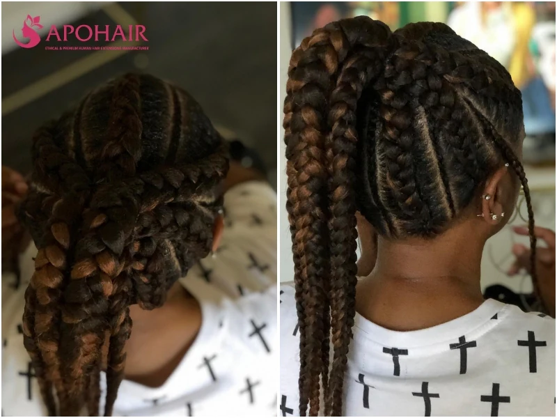 Fulani braid ponytail with thick rows gathered toward the crown