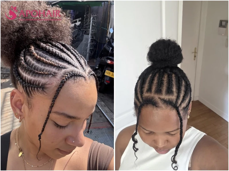Fulani braided bun with rows finishing in a puff at the crown