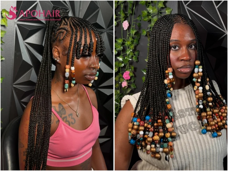 Fulani braids loaded with colorful wooden and acrylic beads