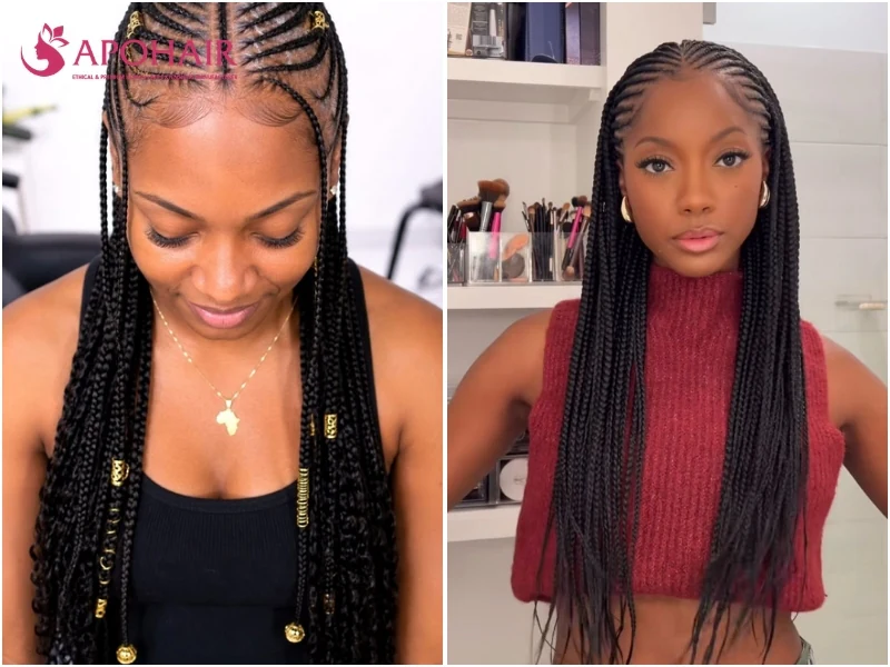 Fulani cornrows with a center row, temple braids, and beads