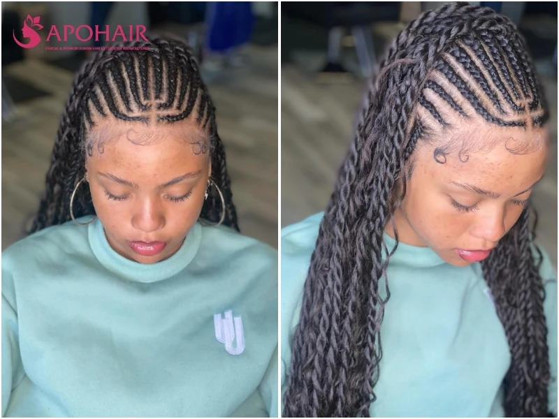 Fulani twists with cornrows on top and rope-like twisted sections hanging below