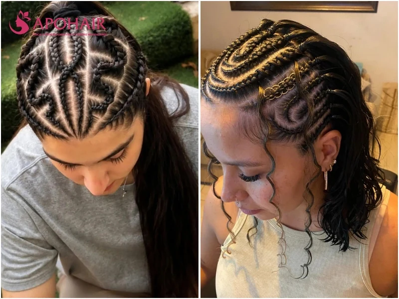 Geometric cornrows with crossing and interlocking parted patterns
