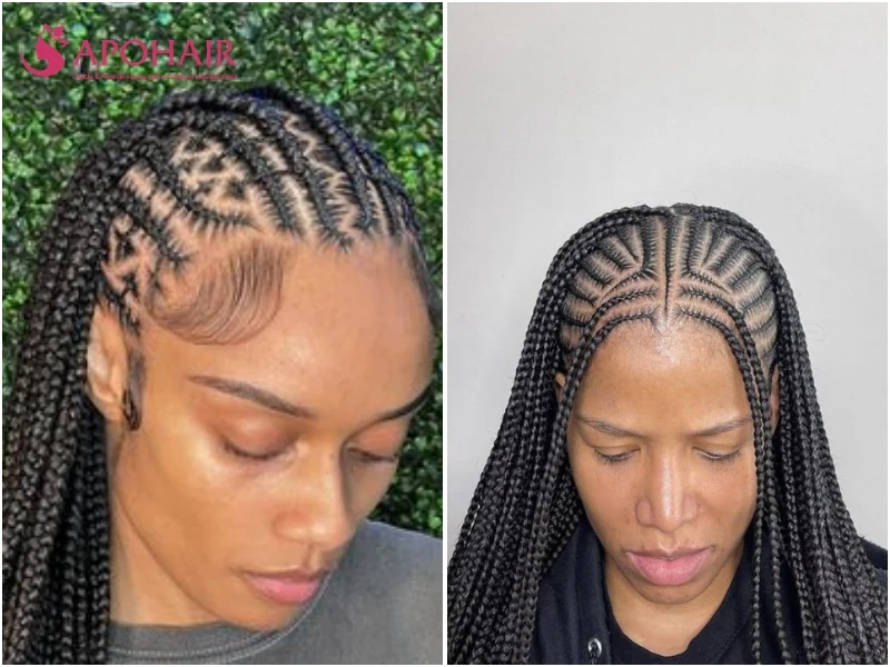 Geometric Fulani braids with a zigzag cornrow pattern on top