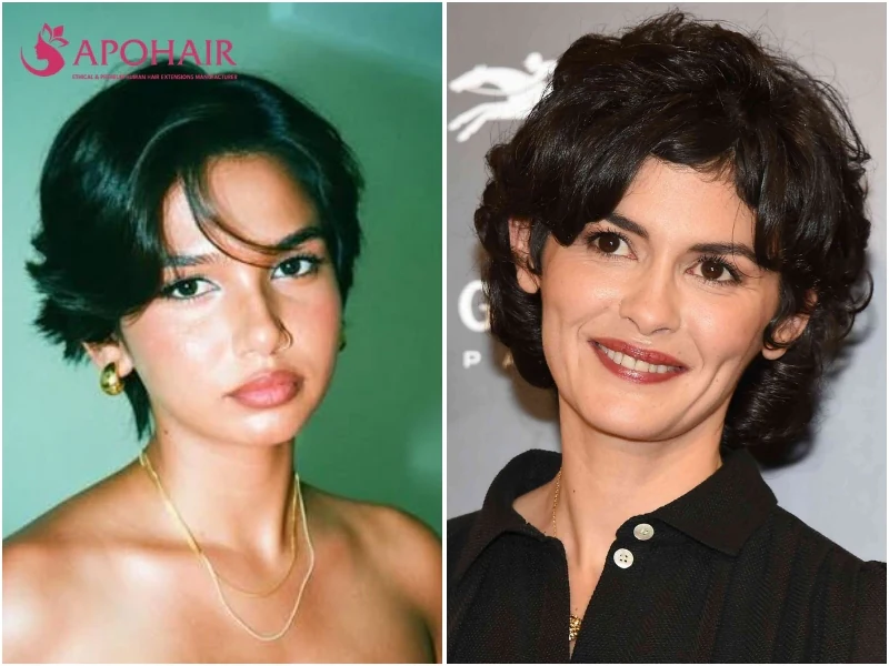 Audrey Tautou wearing a grown-out pixie with face-framing pieces near the cheekbones