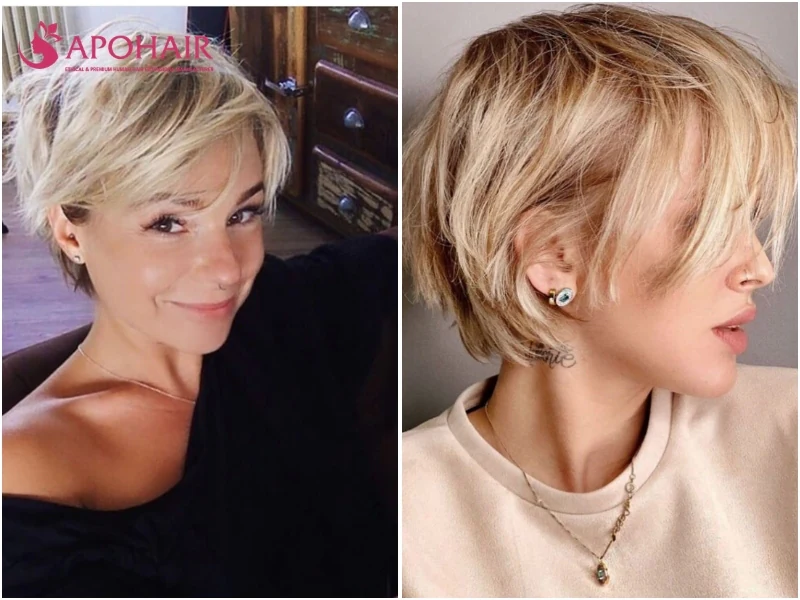 Grown-out pixie in the in-between stage, longer all over but still shaped
