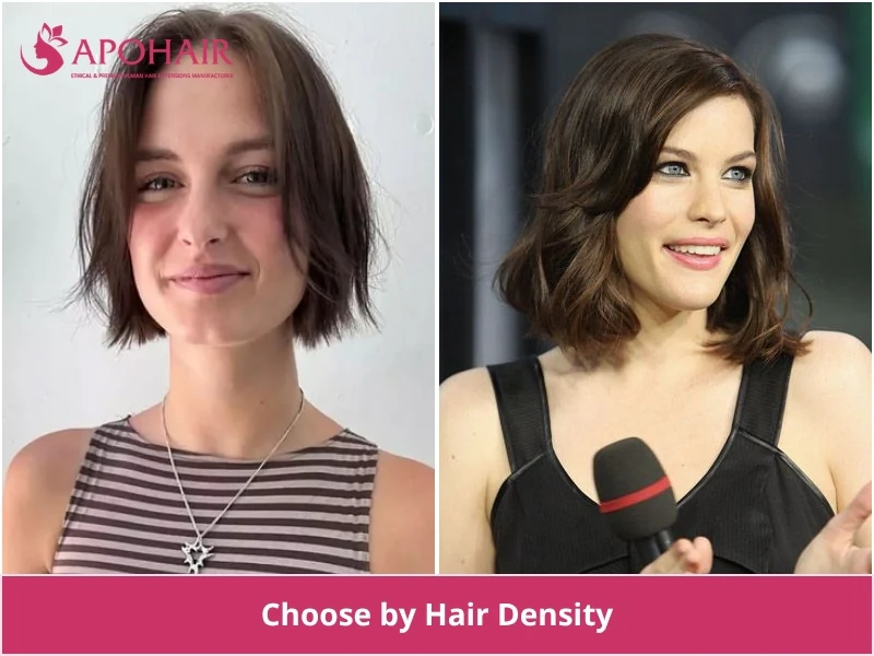 Side-by-side comparison of fine hair and thick hair on a short bob
