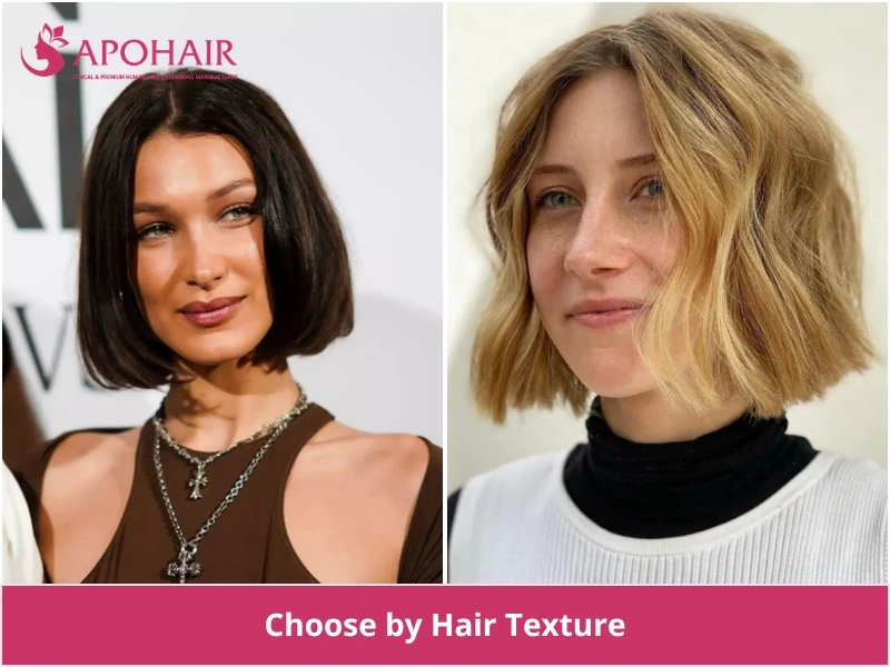 Side-by-side comparison of straight hair and wavy hair on a short cut