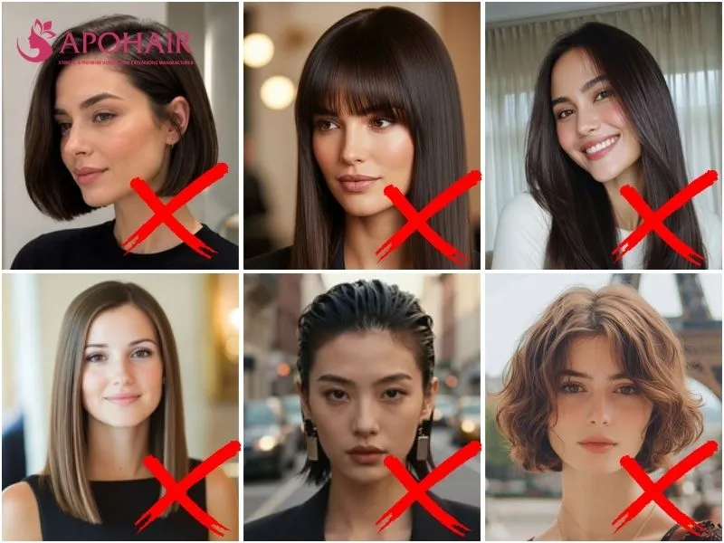 Comparison of a chin-length blunt bob, heavy bangs, flat center part, and slicked-back style