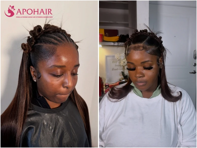 Half-up half-down Bantu knots with knots along the crown and straight hair down