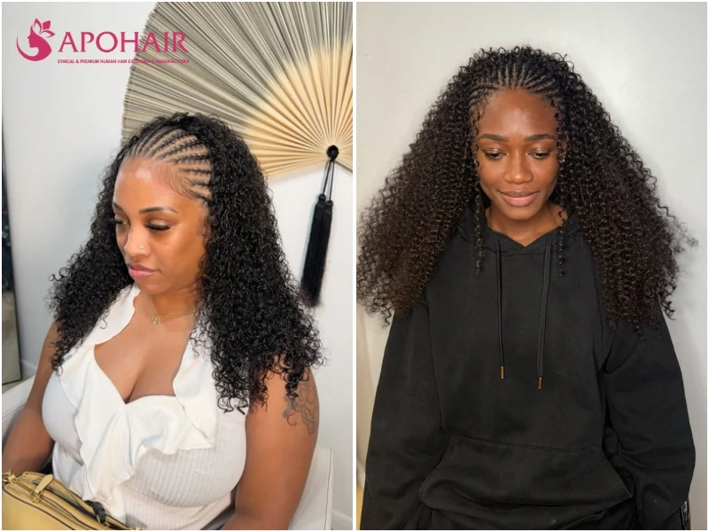 Half-up half-down Fulani braids with cornrows on top and curls below