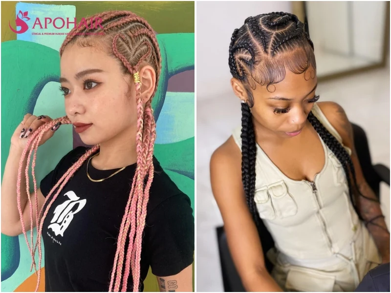 Heart cornrow design with rows parted into a heart outline near the front