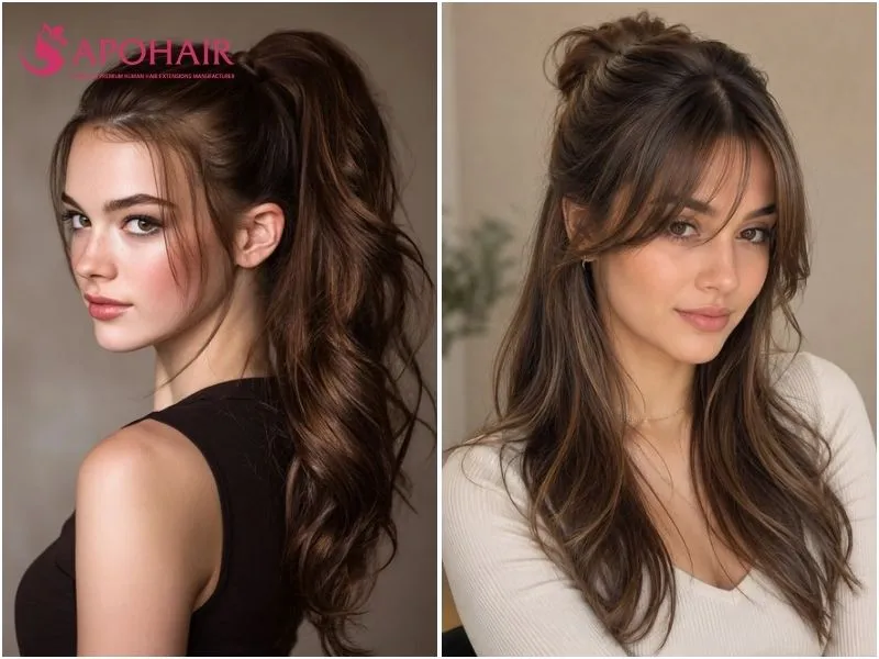 Side-by-side comparison of a high ponytail and half-up top knot with lifted crowns