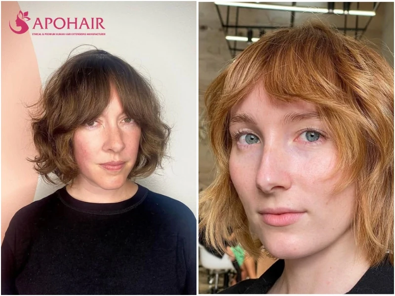 Jaw-length bob with soft curtain bangs sweeping to the cheekbones, before and after