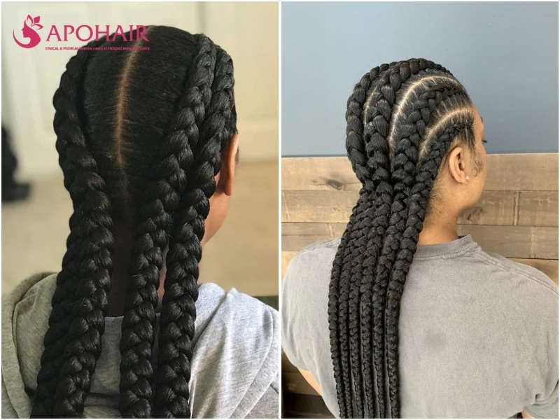 Jumbo cornrows with thick, rope-like rows hanging past the shoulders