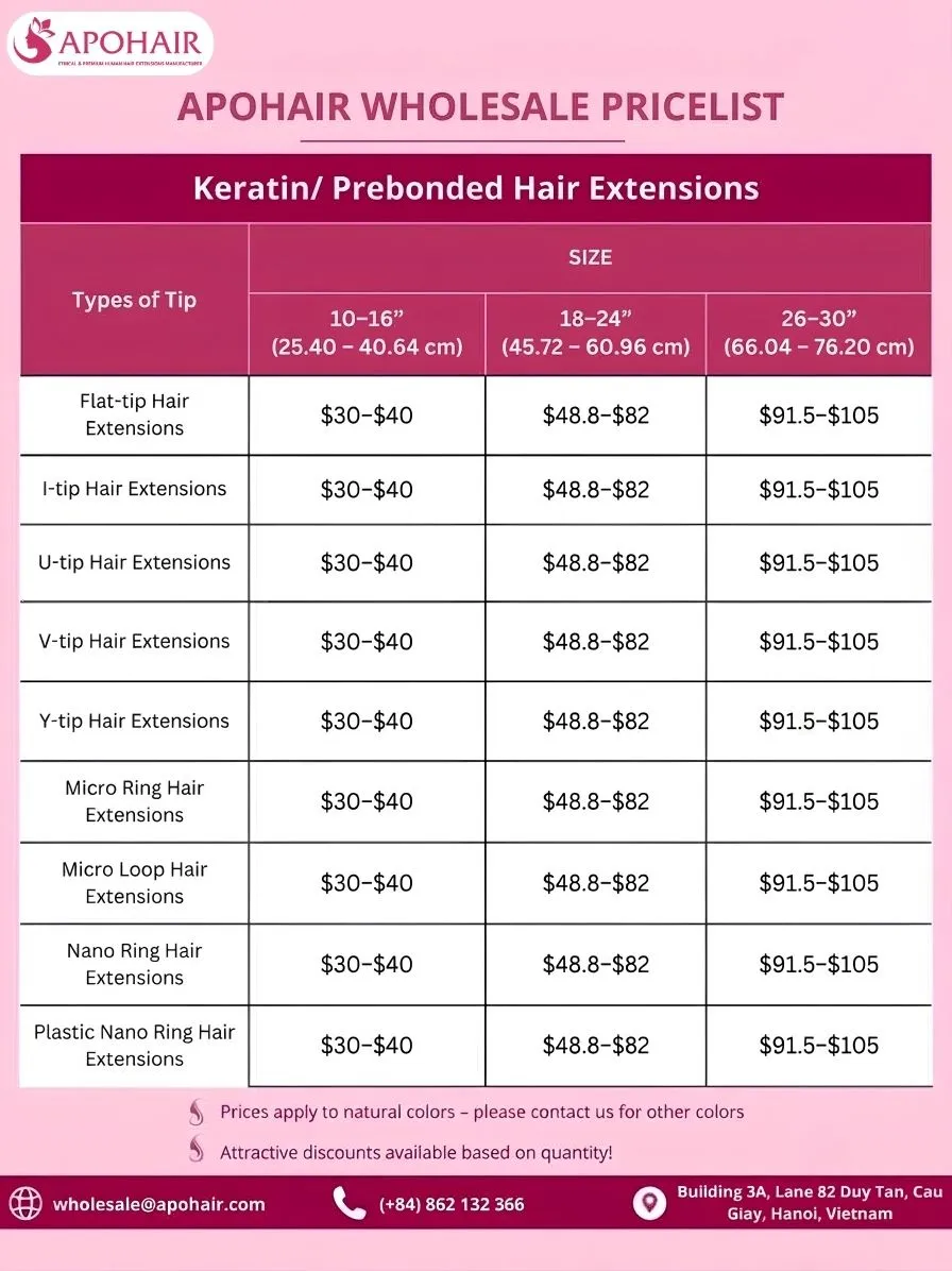 Keratin/ Prebond hair extensions price list at Apohair.